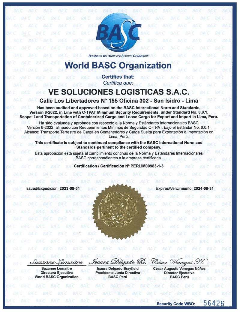 Certificación BASC - VE Logistics 2023